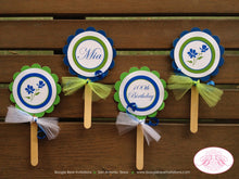 Load image into Gallery viewer, Blue Flowers Birthday Party Cupcake Toppers Green White Girl Bluebonnets Wildflowers Floral Bloom Garden Boogie Bear Invitations Mia Theme