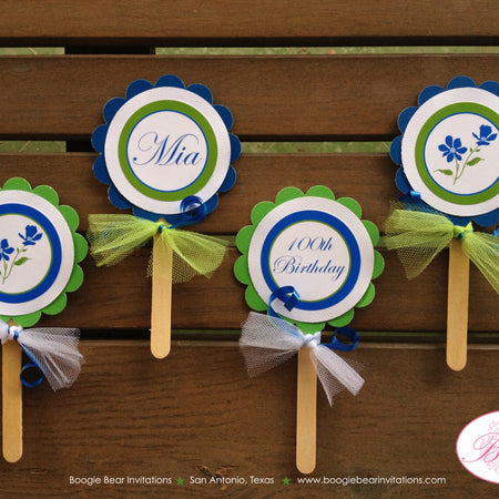 Blue Flowers Birthday Party Cupcake Toppers Green White Girl Bluebonnets Wildflowers Floral Bloom Garden Boogie Bear Invitations Mia Theme