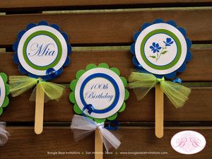 Blue Flowers Birthday Party Cupcake Toppers Green White Girl Bluebonnets Wildflowers Floral Bloom Garden Boogie Bear Invitations Mia Theme