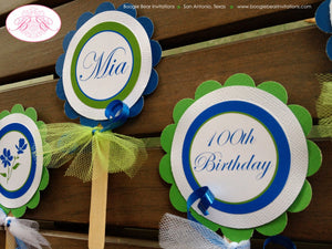Blue Flowers Birthday Party Cupcake Toppers Green White Girl Bluebonnets Wildflowers Floral Bloom Garden Boogie Bear Invitations Mia Theme