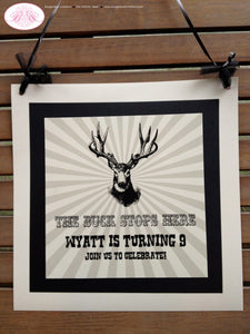 Deer Buck Happy Birthday Door Banner Hunting Boy Girl Black Trophy Bust Group Hunt Elk Antlers Bullseye Boogie Bear Invitations Wyatt Theme