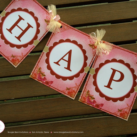 Vintage Butterfly Party Banner Happy Birthday Girl Pink Red Gold Garden Outdoor Picnic Ombre Flower Boogie Bear Invitations Victoria Theme