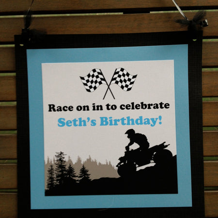 ATV Off Road Birthday Door Banner Happy Quad 4 Wheeler Boy Girl Blue Black All Terrain Vehicle Race Track Boogie Bear Invitations Seth Theme