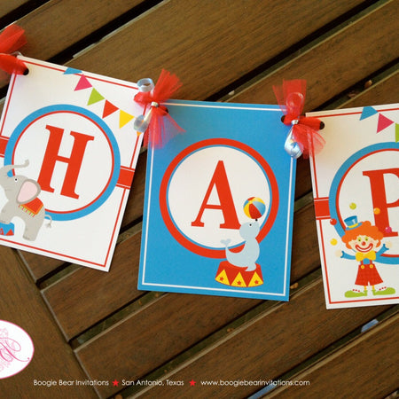 Circus Animals Birthday Party Banner Happy Tiger Elephant Seal Clown Big Top Red Blue Boy Girl Showman Boogie Bear Invitations Oscar Theme