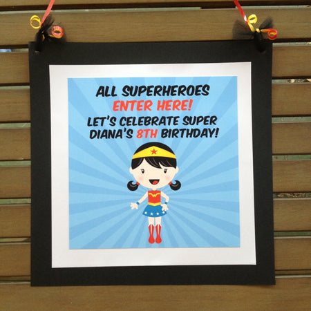 Super Girl Birthday Party Door Banner Superhero Black Red Yellow Blue Comic Masked Hero Supergirl Woman Boogie Bear Invitations Diana Theme