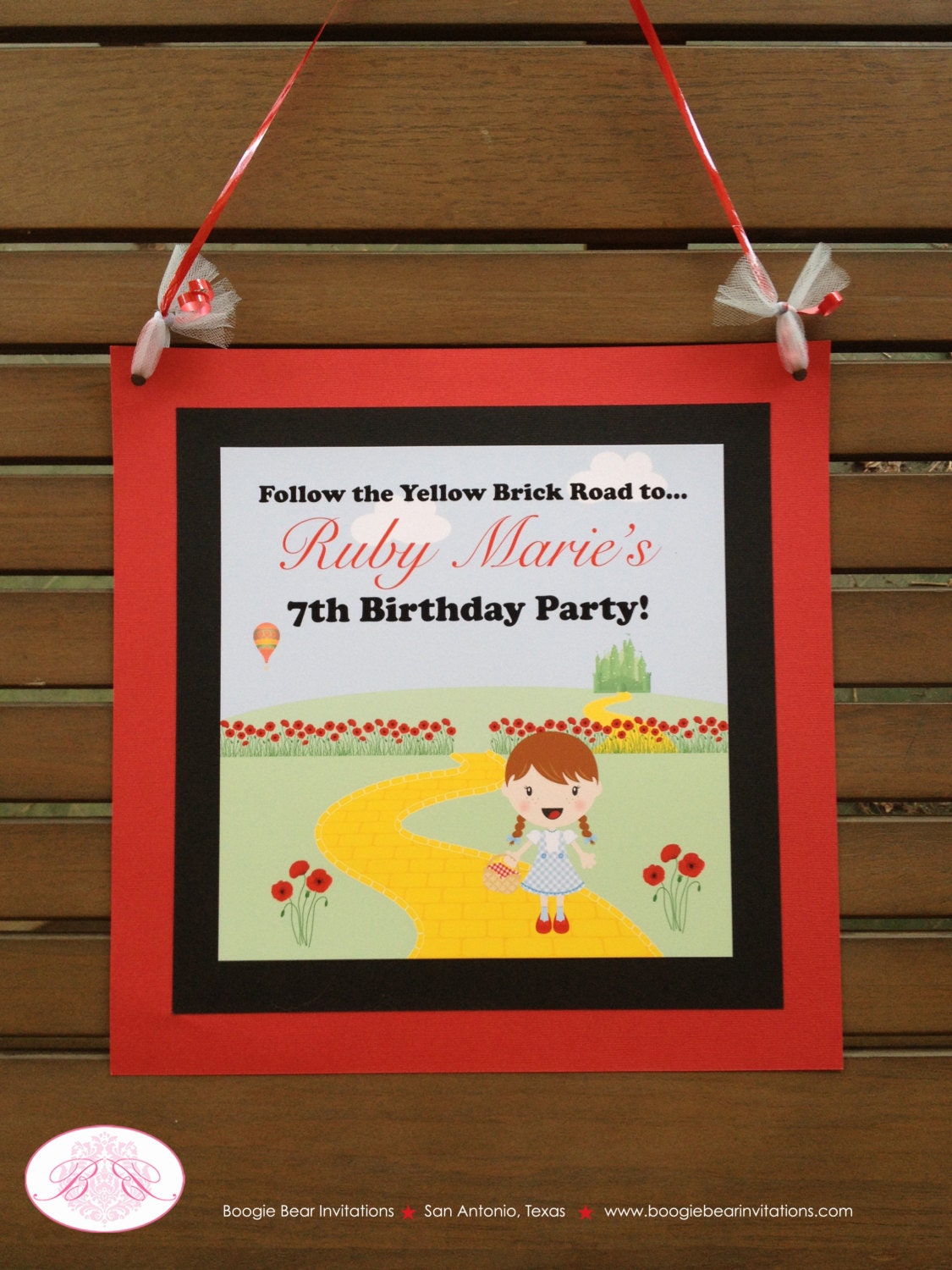 Wizard of Oz Happy Birthday Door Banner Girl Dorothy Red Poppies Flowers Yellow Brick Road Wizard Castle Boogie Bear Invitations Ruby Theme