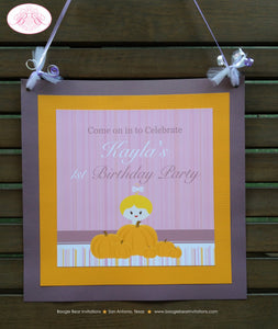 Little Pumpkin Birthday Party Door Banner Happy Girl Fall Purple Pink Bow Stripe Patch Barn Farm Country Boogie Bear Invitations Kayla Theme