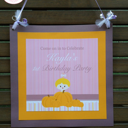 Little Pumpkin Birthday Party Door Banner Happy Girl Fall Purple Pink Bow Stripe Patch Barn Farm Country Boogie Bear Invitations Kayla Theme