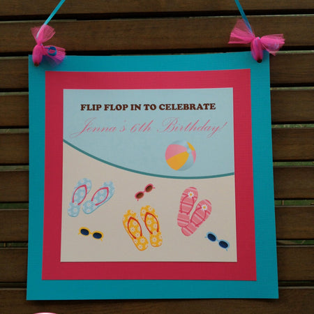 Flip Flop Pool Birthday Party Door Banner Pink Blue Girl Swim Splash Bash Swimming Beach Ball Summer Boogie Bear Invitations Jenna Theme