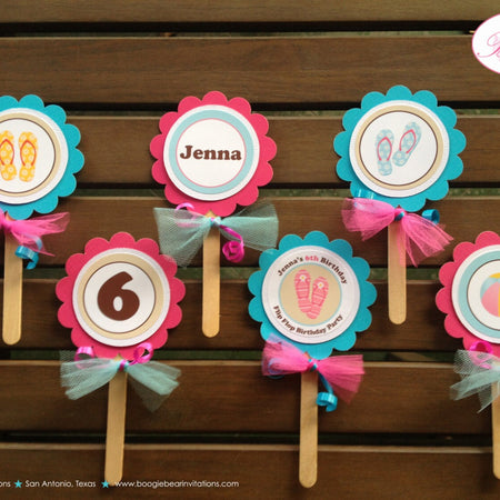 Flip Flop Pool Cupcake Toppers Birthday Party Girl Beach Ball Pink Blue Swim Swimming Splash Bash Summer Boogie Bear Invitations Jenna Theme