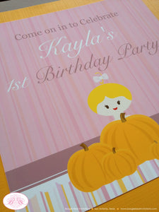 Little Pumpkin Birthday Party Door Banner Happy Girl Fall Purple Pink Bow Stripe Patch Barn Farm Country Boogie Bear Invitations Kayla Theme