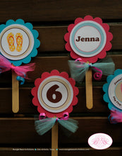 Load image into Gallery viewer, Flip Flop Pool Cupcake Toppers Birthday Party Girl Beach Ball Pink Blue Swim Swimming Splash Bash Summer Boogie Bear Invitations Jenna Theme