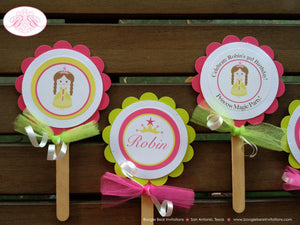Princess Birthday Party Cupcake Toppers Pink Garden Set Pink Lime Green Crown Queen Castle Ball Dance Boogie Bear Invitations Robin Theme