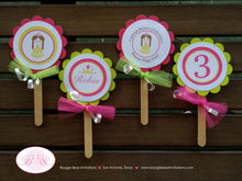 Load image into Gallery viewer, Princess Birthday Party Cupcake Toppers Pink Garden Set Pink Lime Green Crown Queen Castle Ball Dance Boogie Bear Invitations Robin Theme