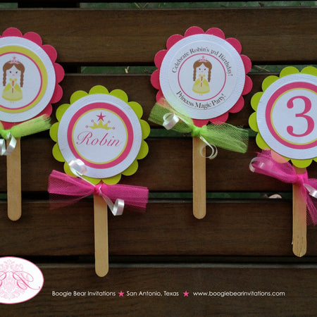 Princess Birthday Party Cupcake Toppers Pink Garden Set Pink Lime Green Crown Queen Castle Ball Dance Boogie Bear Invitations Robin Theme