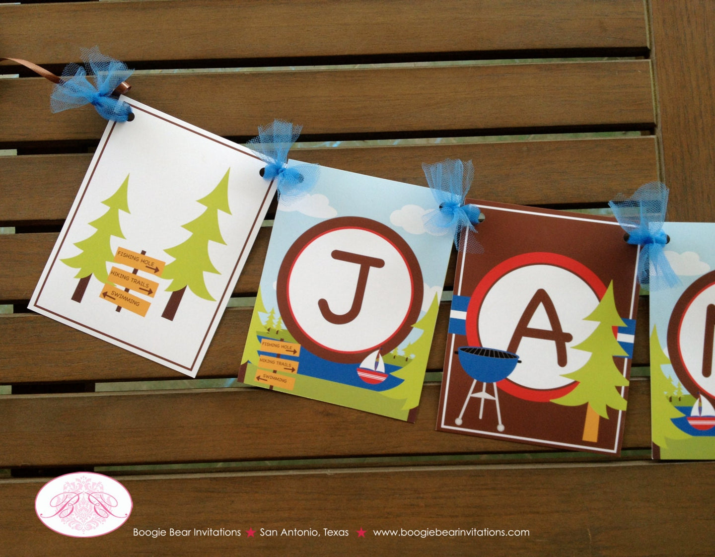 Lake Name Birthday Party Banner Boy Girl Sail Boat Summer Camping Swimming Swim Boating BBQ Grill Forest Boogie Bear Invitations Jamie Theme