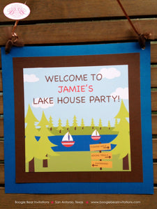 Lake Summer Birthday Party Package Door Banner Trees Happy Sail Boat Swimming Fishing BBQ Park Forest Boogie Bear Invitations Jamie Theme
