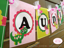 Load image into Gallery viewer, Pink Dinosaur Birthday Party Banner Name Girl Little Bow Ribbon Egg Lime Green Scallop Room Stomp Roar Boogie Bear Invitations Claudia Theme