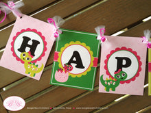 Load image into Gallery viewer, Dinosaur Happy Birthday Party Banner Pink Girl Green Lime Bow Spot Stomp Roar Prehistoric Jurassic Kid Boogie Bear Invitations Claudia Theme