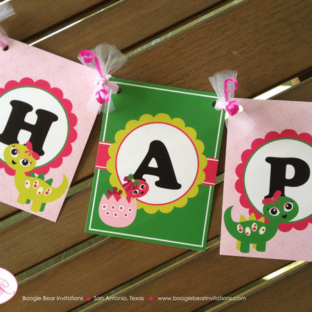 Dinosaur Happy Birthday Party Banner Pink Girl Green Lime Bow Spot Stomp Roar Prehistoric Jurassic Kid Boogie Bear Invitations Claudia Theme
