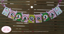 Load image into Gallery viewer, Pink Dinosaur Birthday Party Banner Name Girl Little Bow Ribbon Egg Lime Green Scallop Room Stomp Roar Boogie Bear Invitations Claudia Theme