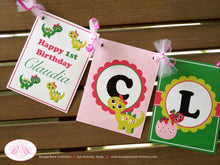 Load image into Gallery viewer, Pink Dinosaur Birthday Party Banner Name Girl Little Bow Ribbon Egg Lime Green Scallop Room Stomp Roar Boogie Bear Invitations Claudia Theme