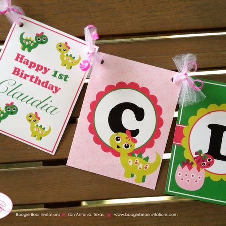Pink Dinosaur Birthday Party Banner Name Girl Little Bow Ribbon Egg Lime Green Scallop Room Stomp Roar Boogie Bear Invitations Claudia Theme