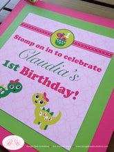 Load image into Gallery viewer, Pink Dinosaur Birthday Party Door Banner Happy Girl Green Little Dino Bow Dot Spot Dino Jurassic Stomp Boogie Bear Invitations Claudia Theme
