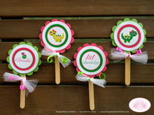 Load image into Gallery viewer, Pink Dinosaur Birthday Party Package Happy Little Dino Door Banner Cupcake Toppers Green Prehistoric Boogie Bear Invitations Claudia Theme