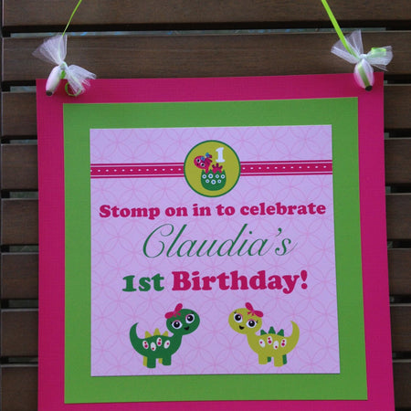 Pink Dinosaur Birthday Party Door Banner Happy Girl Green Little Dino Bow Dot Spot Dino Jurassic Stomp Boogie Bear Invitations Claudia Theme
