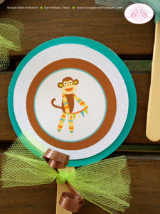 Sock Monkey Party Cupcake Toppers Birthday Set Circle Blue Orange Green Boy Girl Wild Jungle Zoo Boogie Bear Invitations Teagan Theme