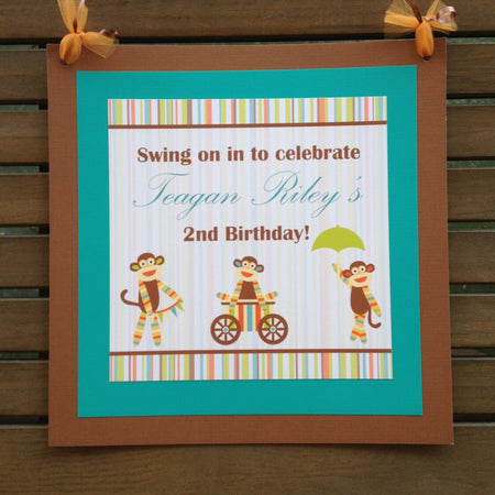 Sock Monkey Birthday Door Banner Happy Party Girl Boy Toddler Stripe Little Umbrella Wagon Toy Boogie Bear Invitations Teagan Theme