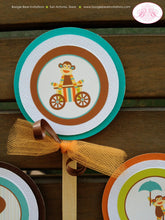 Load image into Gallery viewer, Sock Monkey Party Cupcake Toppers Birthday Set Circle Blue Orange Green Boy Girl Wild Jungle Zoo Boogie Bear Invitations Teagan Theme