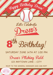 Retro Baseball Birthday Party Invitation Softball Bat Ball Mitt Team Boy Girl Boogie Bear Invitations Drew Theme Paperless Printable Printed