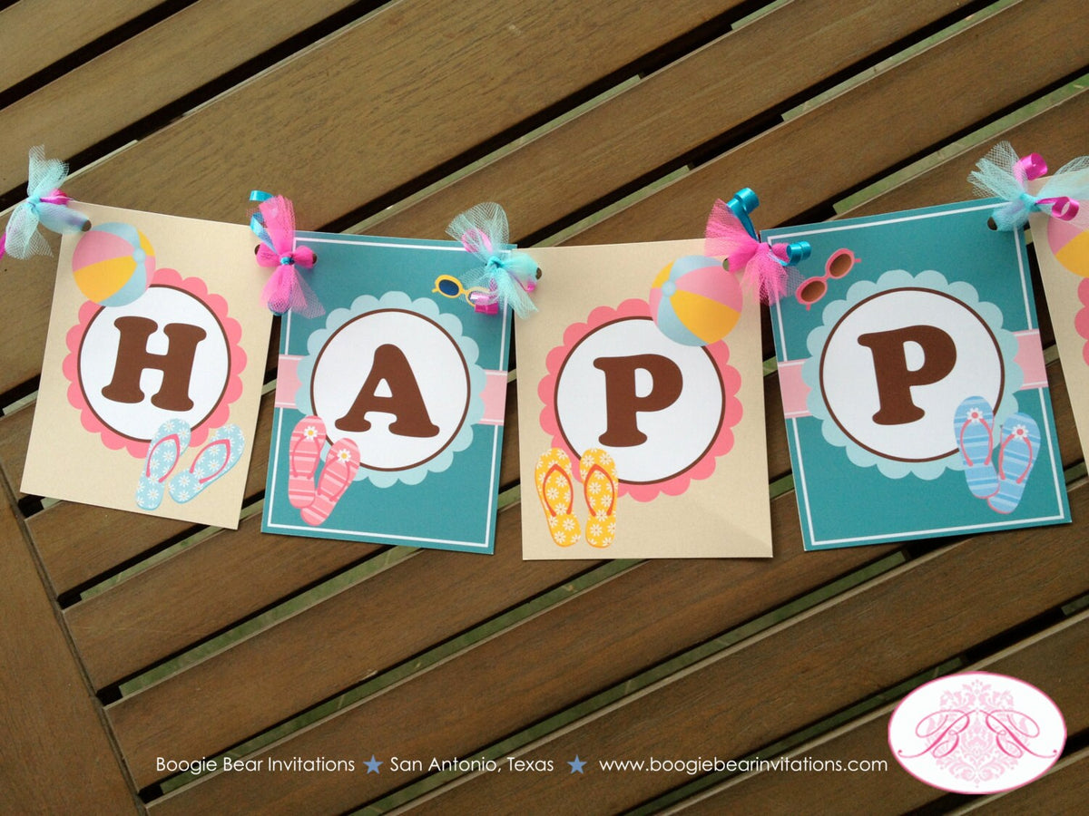 Flip Flop Happy Birthday Party Banner Pool Pink Beach Ball Swimming Gi