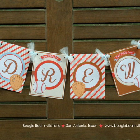 Baseball Birthday Name Party Banner Retro Tee Ball Girl Boy Softball T-Ball Game Bat Mitt Brown Red Blue Boogie Bear Invitations Drew Theme