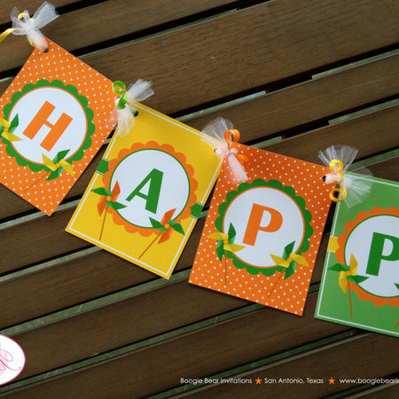 Pinwheel Happy Birthday Party Banner Orange Green Yellow Retro Boy Girl Breezy Garden Picnic Outdoor Boogie Bear Invitations Reagan Theme
