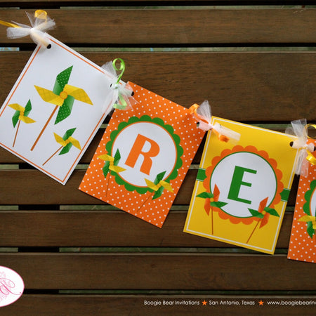 Pinwheel Birthday Party Name Banner Retro Vintage Breezy Boy Girl Green Yellow Orange Spring Summer Kid Boogie Bear Invitations Reagan Theme