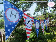 Load image into Gallery viewer, 4th of July Large Pennant Party Banner Laminated Patriotic Freedom Stars Stripes Red White Blue Flag Boogie Bear Invitations Hamilton Theme