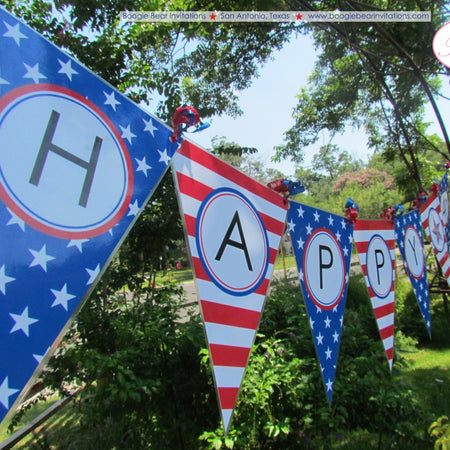 4th of July Large Pennant Party Banner Laminated Patriotic Freedom Stars Stripes Red White Blue Flag Boogie Bear Invitations Hamilton Theme