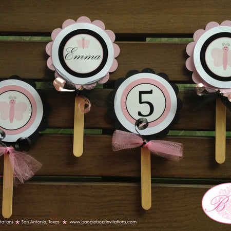 Pink Butterfly Cupcake Topper Set Girl Birthday Party Little Tiny Garden Bug Black Picnic Outdoor Spring Boogie Bear Invitation Emma Theme