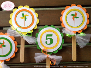 Pinwheel Birthday Party Cupcake Topper Set Boy Girl Yellow Orange Green Outdoor Garden Kids Breezy Toy Boogie Bear Invitations Reagan Theme