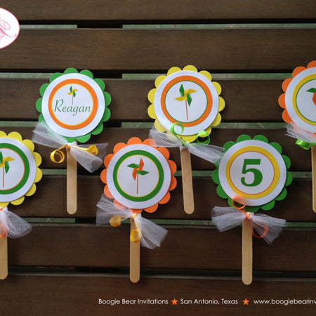 Pinwheel Birthday Party Cupcake Topper Set Boy Girl Yellow Orange Green Outdoor Garden Kids Breezy Toy Boogie Bear Invitations Reagan Theme