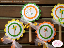 Load image into Gallery viewer, Pinwheel Birthday Party Cupcake Topper Set Boy Girl Yellow Orange Green Outdoor Garden Kids Breezy Toy Boogie Bear Invitations Reagan Theme