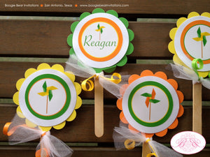 Pinwheel Birthday Party Cupcake Topper Set Boy Girl Yellow Orange Green Outdoor Garden Kids Breezy Toy Boogie Bear Invitations Reagan Theme