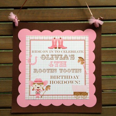 Pink Cowgirl Birthday Door Banner Brown Horse Pony Lasso Plaid Rodeo Hat Boots Girl Wild West Western Boogie Bear Invitations Olivia Theme