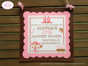 Pink Cowgirl Birthday Door Banner Brown Horse Pony Lasso Plaid Rodeo Hat Boots Girl Wild West Western Boogie Bear Invitations Olivia Theme