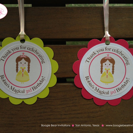 Pink Princess Birthday Party Favor Tags Fairy Girl Neon Lime Green Flower Wand Crown Castle Queen Royal Boogie Bear Invitations Robin Theme