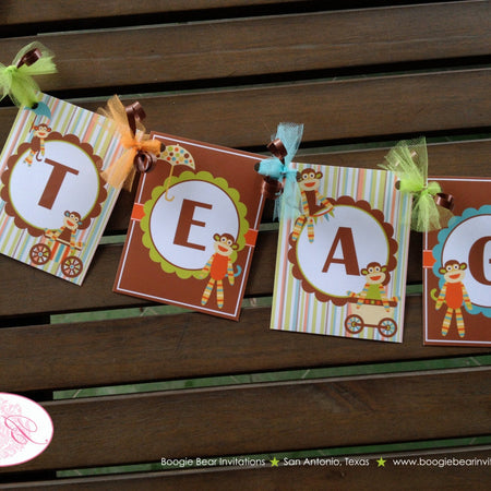 Sock Monkey Birthday Party Banner Boy Girl Small Name Age Orange Blue Green Stripe Wagon Retro Vintage Boogie Bear Invitations Teagan Theme