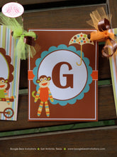 Load image into Gallery viewer, Sock Monkey Birthday Party Banner Boy Girl Small Name Age Orange Blue Green Stripe Wagon Retro Vintage Boogie Bear Invitations Teagan Theme